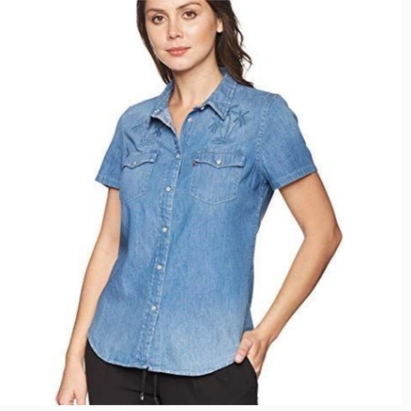 Levi's 100% cotton snap front top with palm tree embroidery szM - Picture 1 of 10